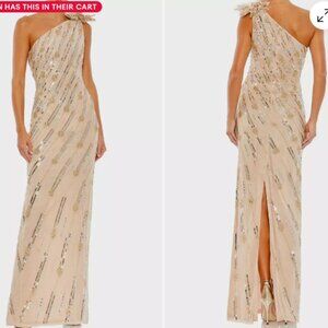 MAC DUGGAL ROSETTE SEQUIN CRYSTAL ONE-SHOULDER NUDE GOLD GOWN sz 0